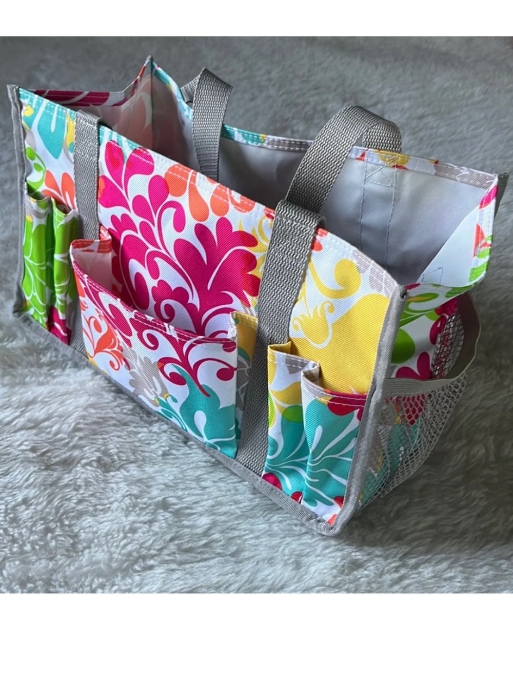 Thirty one keep it caddy tote in multicolor island damask pattern grey strap